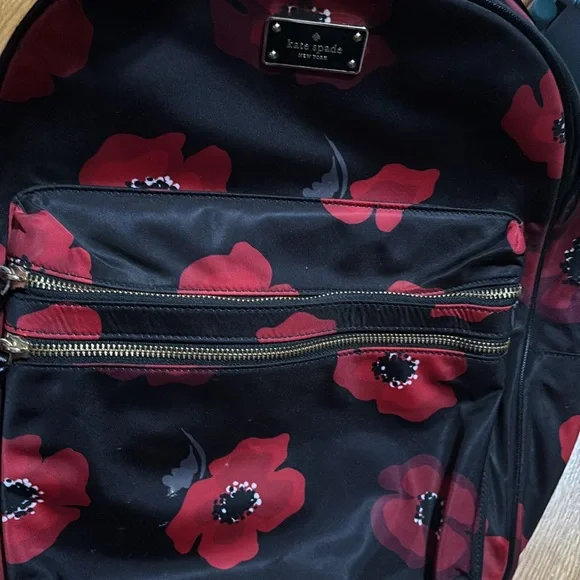 Kate Spade Black Red Floral Poppy Large Backpack Bag-pre-owned. - Picture 13 of 16